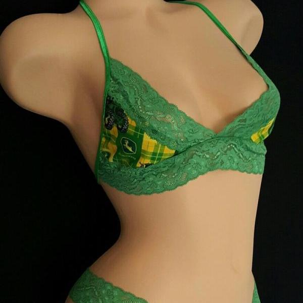 Sexy New JOHN DEERE Lace Cami Bralette Bikini Top & Thong Lingerie Set