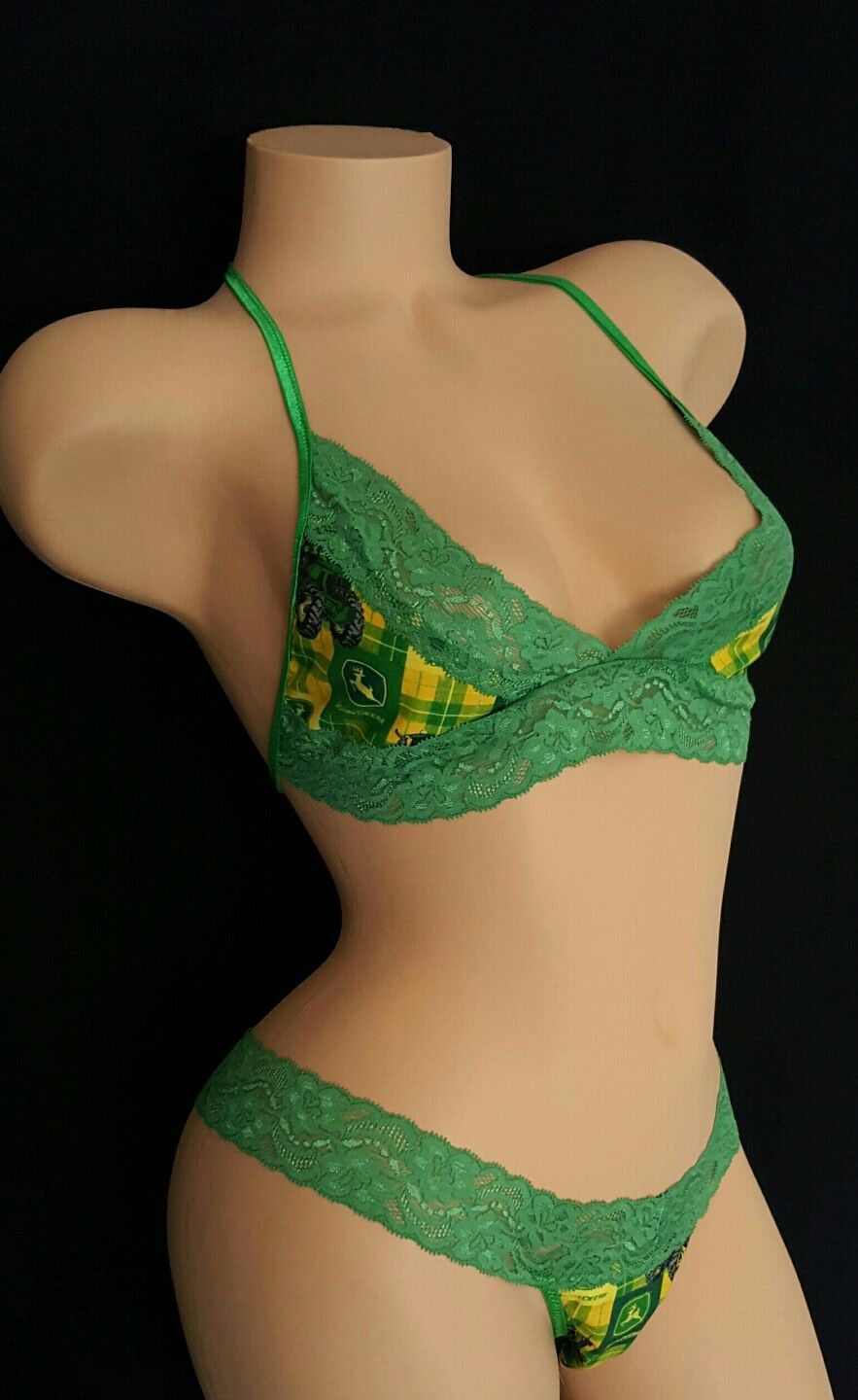 Sexy New JOHN DEERE Lace Cami Bralette Bikini Top & Thong Lingerie Set